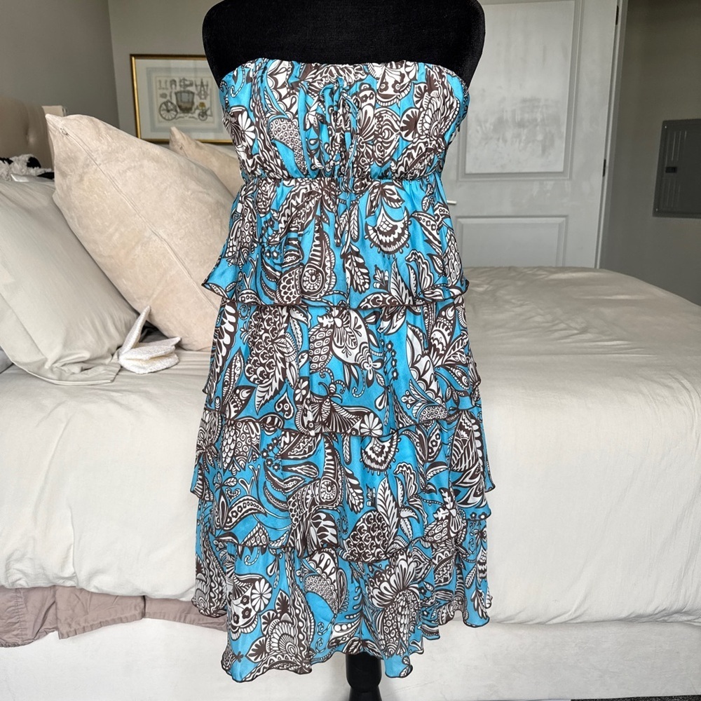 Trina Turk Strapless Silk Turquoise and Brown Paisley Tiered Dress